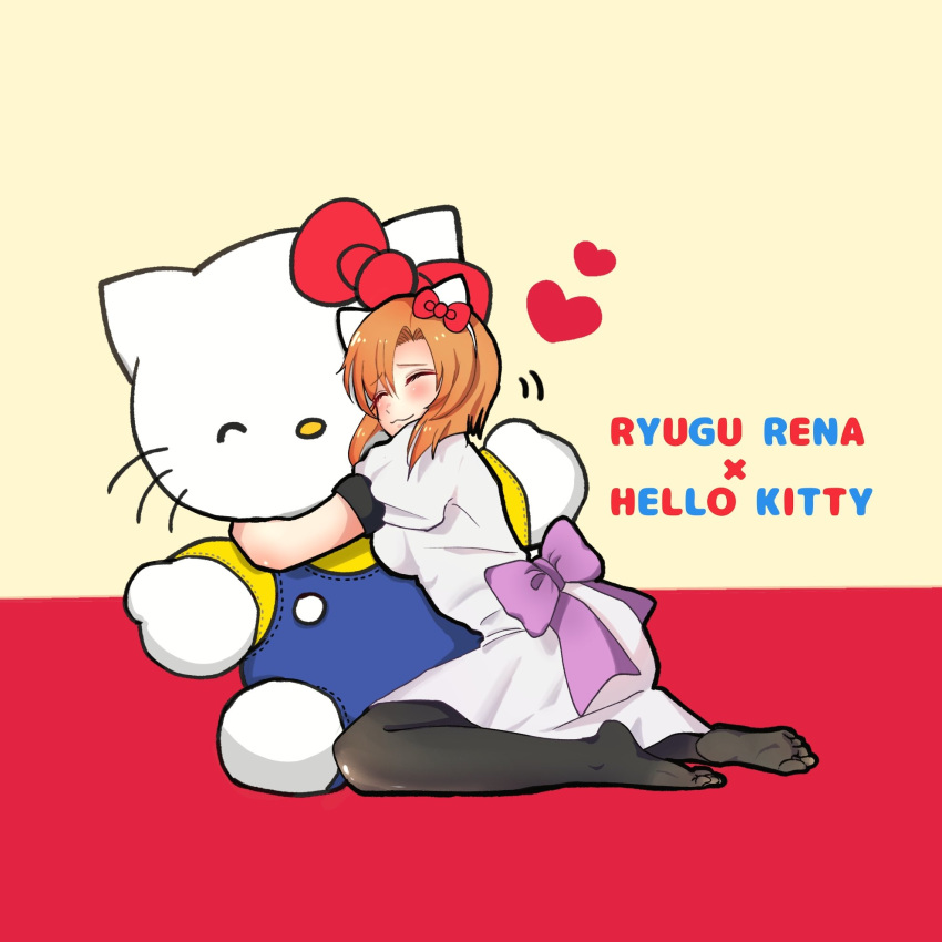 1girl :3 arched_back back_bow black_outline blue_overalls blunt_ends blush bow breasts cat cat_ear_hairband character_name closed_eyes commentary_request dot_nose dress feet from_side full_body furrowed_brow hair_bow hello_kitty hello_kitty_(character) highres higurashi_no_naku_koro_ni hug kneeling medium_breasts medium_hair outline overalls pantyhose parted_bangs puffy_short_sleeves puffy_sleeves purple_bow red_background red_bow ryuuguu_rena sanrio shirt short_sleeves simple_background smile soles solo white_dress yellow_background yellow_shirt yuno_ff