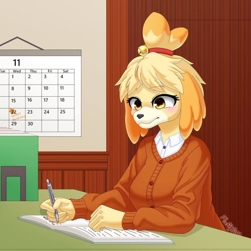 accessory animal_crossing blonde_hair book calendar canid canine canis cardigan clothed clothing desk domestic_dog female fluffy_hinu fur furniture hair hair_accessory hair_tie hi_res isabelle_(animal_crossing) mammal nintendo sitting solo table yellow_body yellow_eyes yellow_fur
