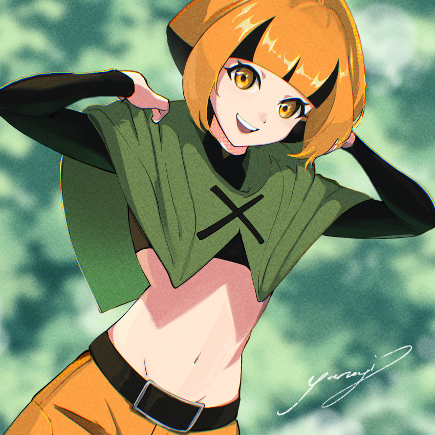 1girl :d absurdres arms_up belt black_belt black_hair black_shirt blunt_bangs capelet cargo_shorts commentary cowboy_shot crop_top cropped_shirt dutch_angle gardenia_(pokemon) green_capelet groin highres long_sleeves looking_at_viewer midriff multicolored_hair navel open_mouth orange_eyes orange_hair orange_shorts pokemon pokemon_(game) pokemon_dppt shirt short_hair shorts sidelocks signature smile solo standing teeth two-tone_hair upper_teeth_only yanagi_(soke_yanagi)