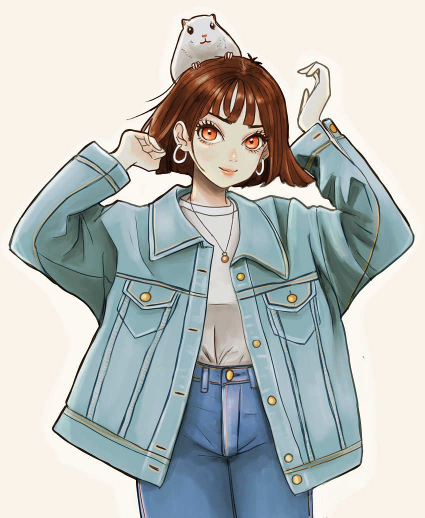 1girl animal animal_on_head arms_up blue_jacket blue_pants brown_hair denim denim_jacket earrings highres hoop_earrings jacket jewelry looking_at_viewer marmot necklace on_head open_clothes open_jacket original pants red_eyes shirt short_hair simple_background smile tanuuuuu3 white_background white_shirt