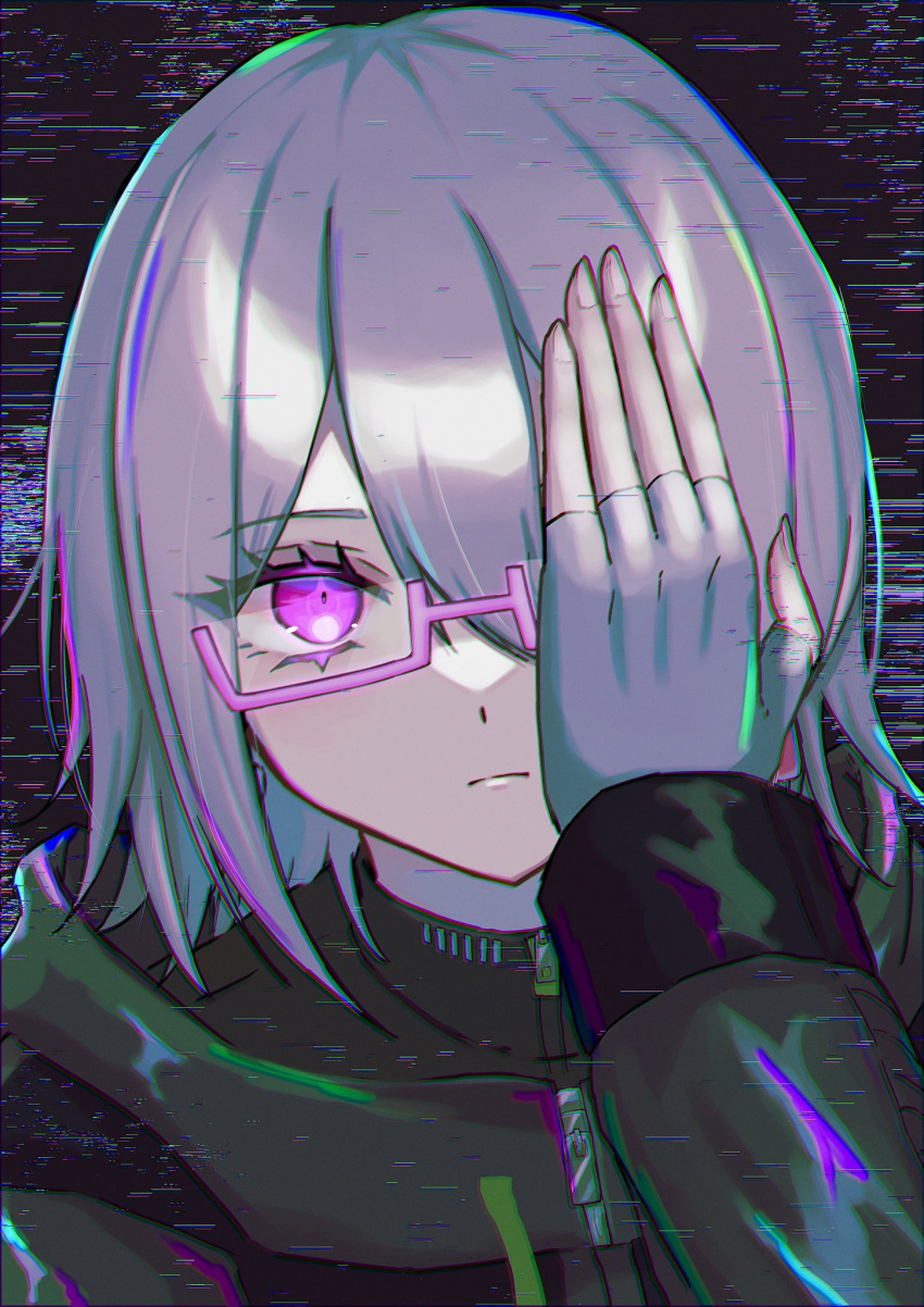 1other chromatic_aberration closed_mouth commentary_request covering_one_eye donburi_(minami_don) fingerless_gloves glasses gloves grey_gloves grey_hair hair_between_eyes hand_over_eye hand_up highres hood hood_down hooded_coat long_sleeves looking_at_viewer master_detective_archives:_rain_code nightmare_halara other_focus pink-framed_eyewear pink_eyes semi-rimless_eyewear short_hair solo upper_body