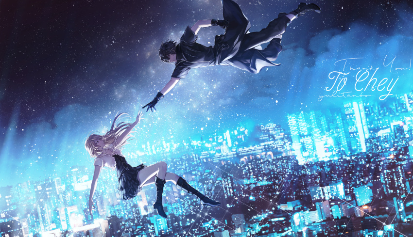 1boy 1girl black_footwear black_gloves black_hair black_jacket black_shorts blonde_hair boots city city_lights cityscape commentary_request commission falling final_fantasy final_fantasy_xv floating full_body gloves highres jacket knee_boots long_hair looking_at_another night night_sky noctis_lucis_caelum outdoors outstretched_hand pleated_skirt shirt short_hair short_sleeves shorts skeb_commission skirt sky skyline spiked_hair star_(sky) starry_sky stella_nox_fleuret white_shirt yuli_(yulipo)