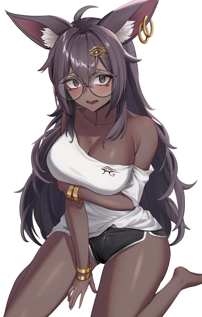 1girl absurdres ahoge animal_ear_fluff animal_ears bare_legs bare_shoulders barefoot black_hair black_shorts blush bracelet breasts character_request cleavage copyright_request dark_skin earrings eye_of_horus glasses grey_eyes highres jewelry large_breasts long_hair looking_at_viewer off-shoulder_shirt off_shoulder oli_kkwak open_mouth round_eyewear shirt short_shorts short_sleeves shorts simple_background sitting solo thighs very_long_hair wariza white_background white_shirt