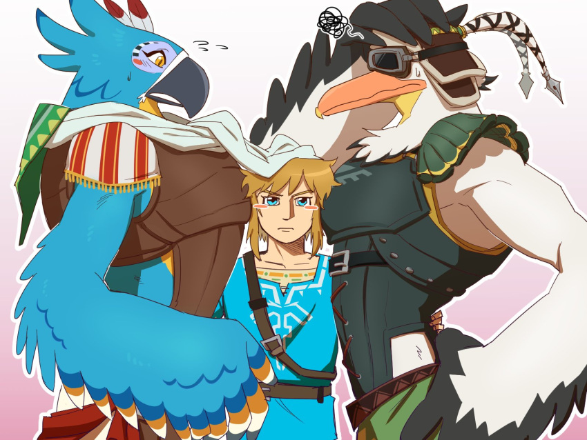 anthro avian beak biceps bird blonde_hair blue_body blue_eyes blue_feathers blush breath_of_the_wild embarrassed eyewear feathers goggles group hair hi_res humanoid hylian kass_(tloz) link male male/male nintendo parrot pecs pelecaniform pelican penn_(totk) ppaljang rito scarf size_difference tears_of_the_kingdom the_legend_of_zelda trio white_body white_feathers yellow_eyes