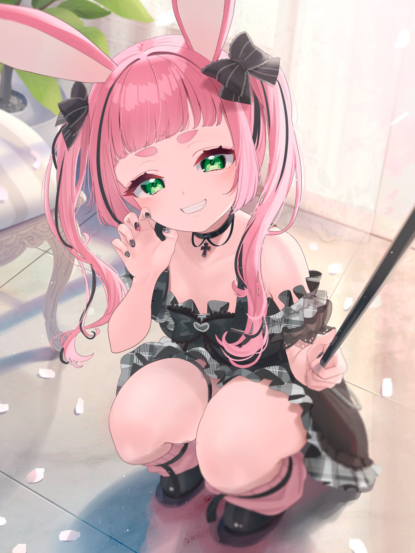 1girl absurdres animal_ears bare_shoulders black_bow black_choker black_dress black_footwear black_hair blunt_bangs blush bow chair choker cross cross_choker dress green_eyes grin hair_bow highres holding kemomimi_refle! kuyukian3 leg_warmers long_hair looking_at_viewer multicolored_hair petals pink_hair pink_leg_warmers plant potted_plant rabbit_ears rabbit_girl selfie selfie_stick shadow shoes smile solo squatting twintails uno_sakura virtual_youtuber