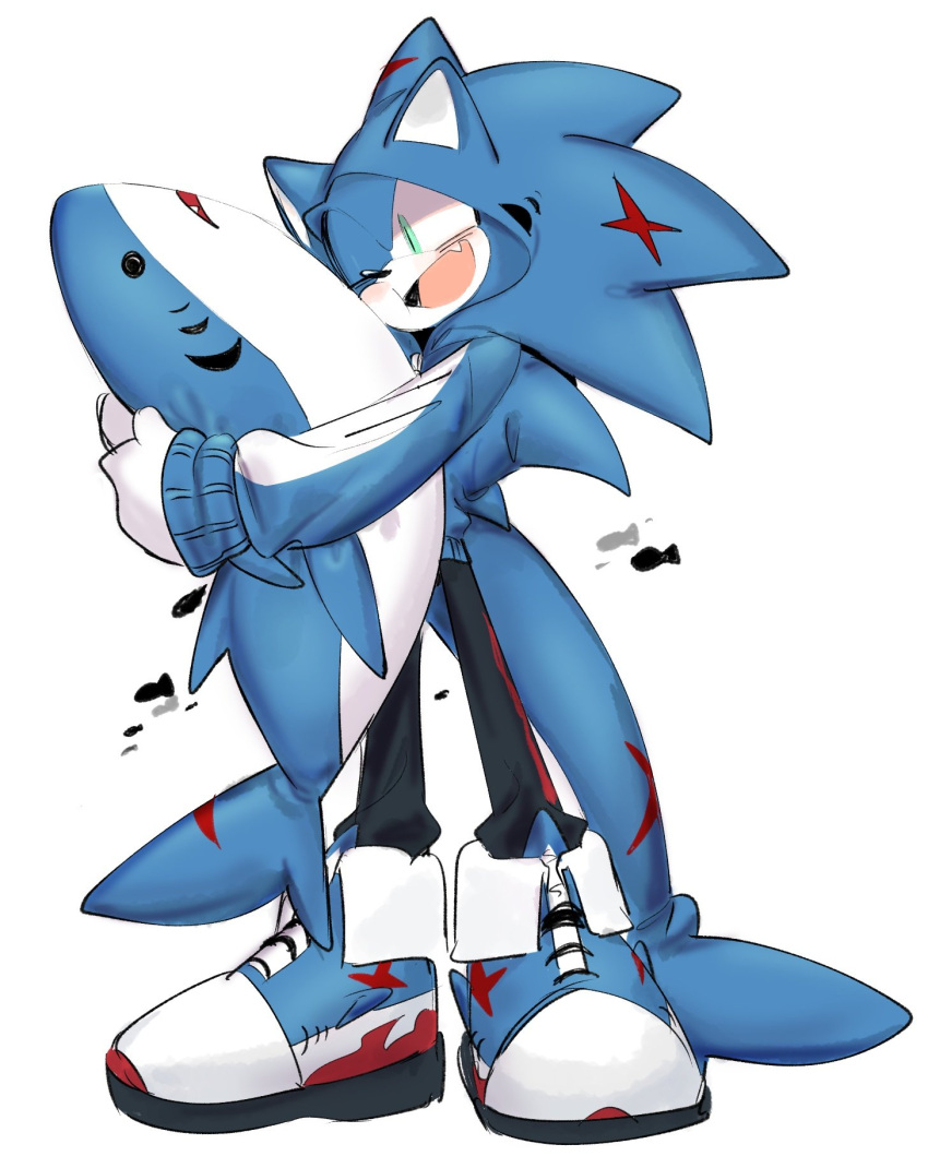 1boy animal_costume animal_hood fang fish furry furry_male highres hood male_focus open_mouth shark_costume shark_hood shoes simple_background smile solo sonic_(series) sonic_the_hedgehog standing stuffed_animal stuffed_shark stuffed_toy usa37107692 white_background