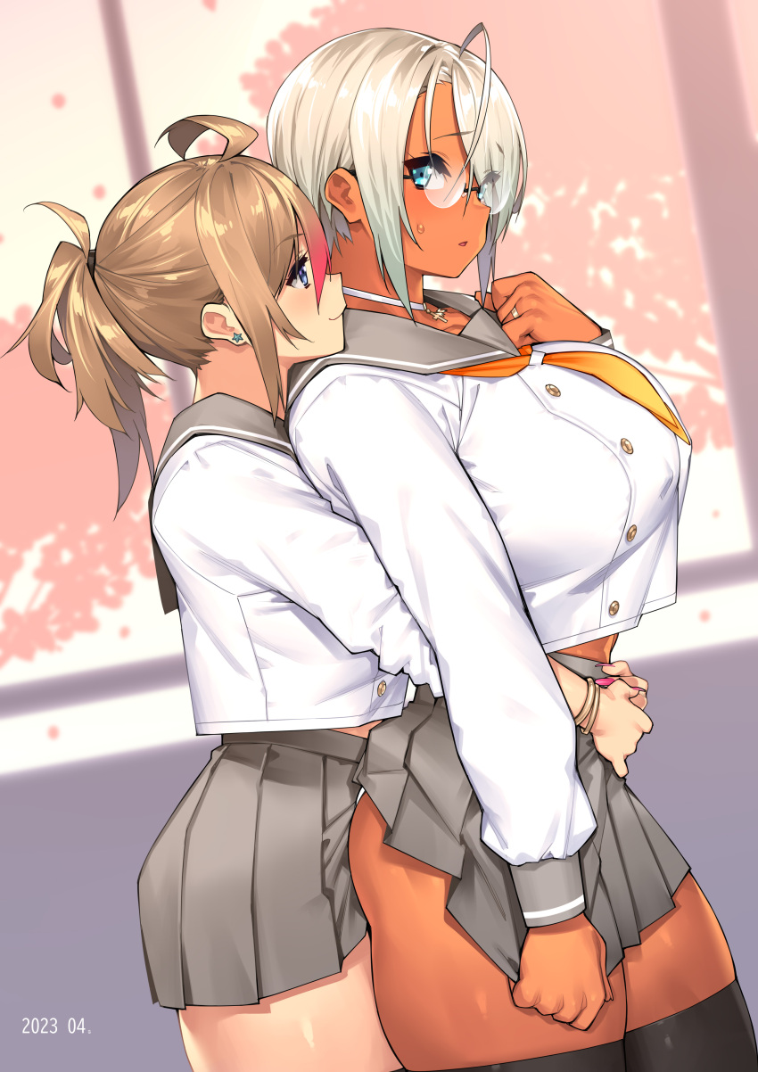 23_(real_xxiii) 2girls absurdres ahoge blonde_hair blue_eyes brown_sailor_collar brown_skirt choker couple cross cross_choker dark-skinned_female dark_skin dutch_angle highres hug hug_from_behind jewelry multicolored_hair multiple_girls muscular muscular_female neckerchief orange_neckerchief original pleated_skirt red_hair rimless_eyewear ring sailor_collar school_uniform sela_(23) short_hair skirt thighhighs toned two-tone_hair ursula_(23) wedding_ring wife_and_wife yuri