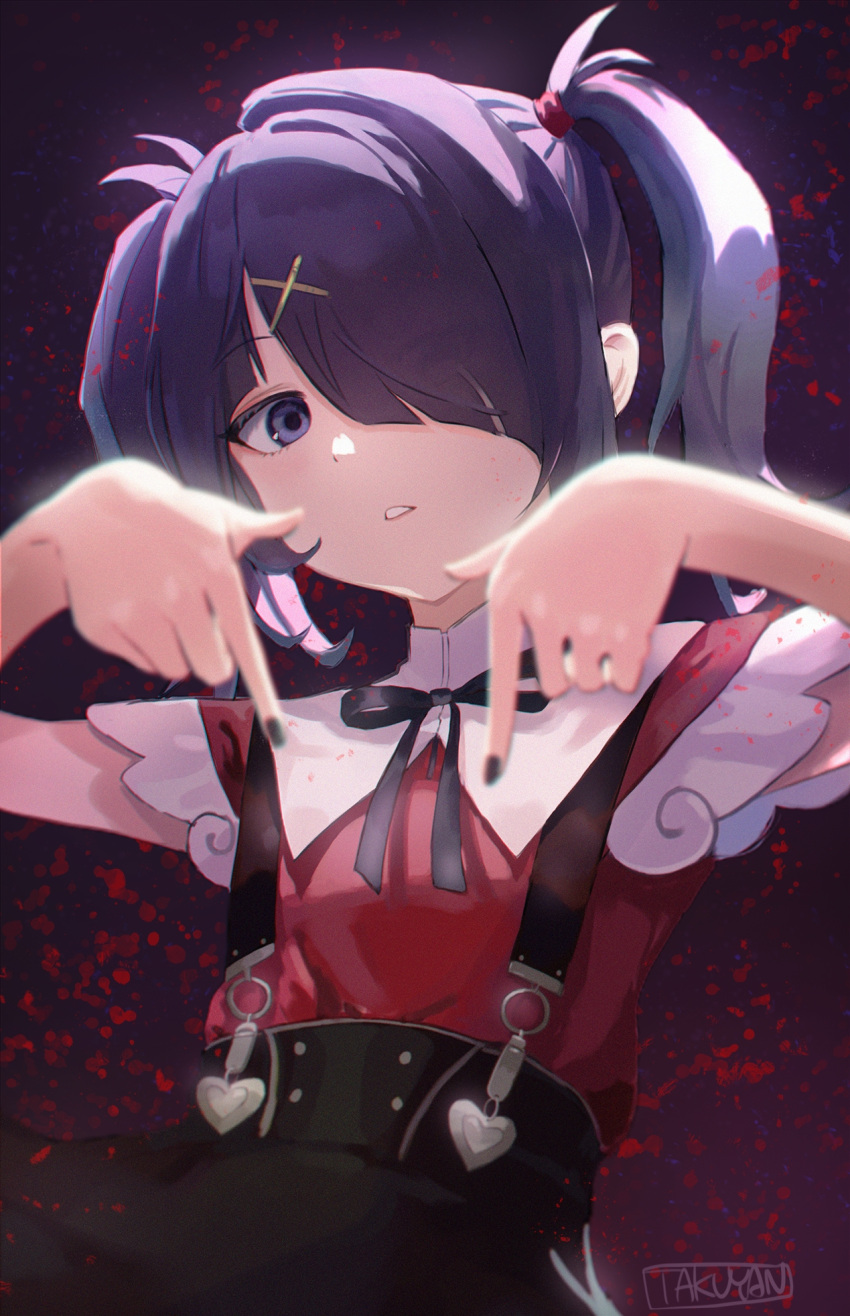 1girl ame-chan_(needy_girl_overdose) black_eyes black_hair black_nails black_ribbon black_skirt collared_shirt dark_background expressionless hair_ornament hair_over_one_eye hair_tie highres jirai_kei looking_at_viewer medium_hair neck_ribbon needy_girl_overdose parted_lips pointing pointing_down red_shirt ribbon shirt shirt_tucked_in skirt solo suspender_skirt suspenders takuyan twintails upper_body x_hair_ornament