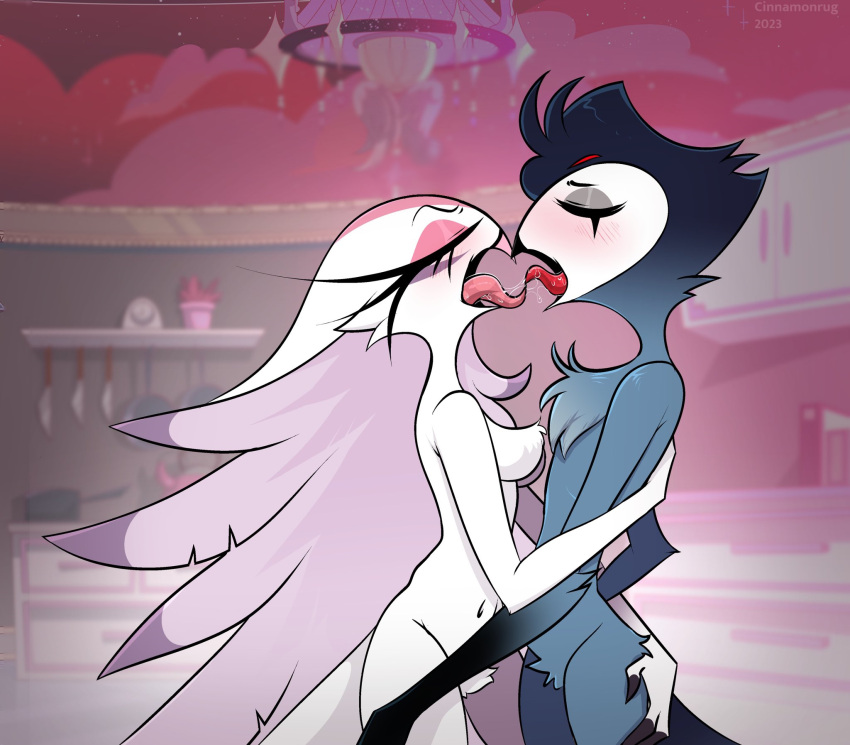 anthro anthro_on_anthro avian beak berrythedragon bird black_body black_feathers blue_body blue_feathers blush bodily_fluids breasts butt detailed_background duo eyewear feathers female french_kissing glasses happy helluva_boss hi_res husband_and_wife kissing love male male/female married_couple mature_female mature_male nude open_mouth owl owl_demon red_eyes saliva stella_(helluva_boss) stolas_(helluva_boss) thick_thighs third-party_edit tongue tongue_out white_body white_feathers