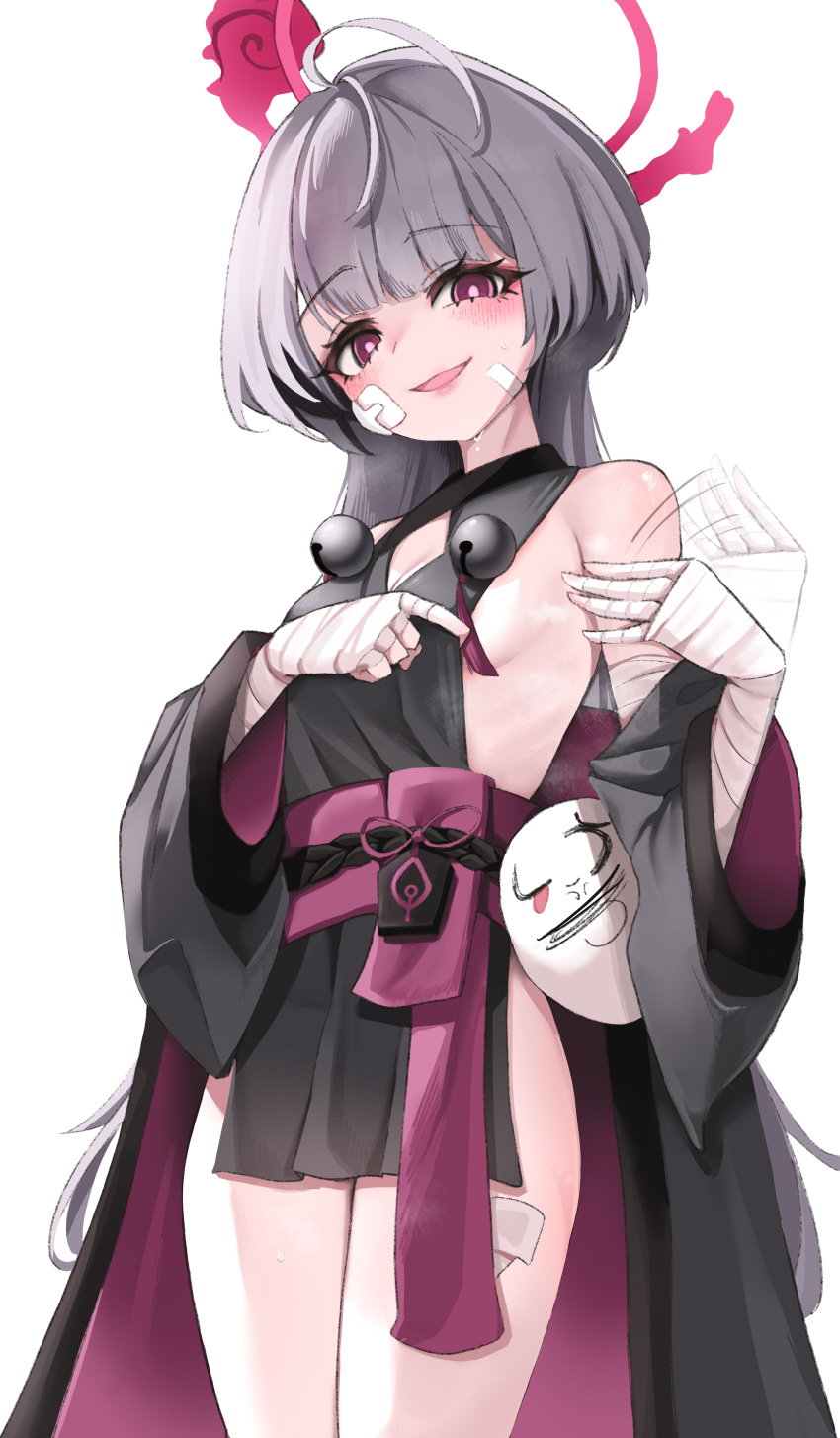 1girl absurdres bandaged_arm bandaged_hand bandages bare_shoulders bell blue_archive blush breasts cowboy_shot detached_sleeves fluffyebi01 gauze gauze_on_cheek grey_hair grey_sleeves halo highres japanese_clothes jingle_bell long_hair obi open_mouth red_eyes red_halo sash shuro_(blue_archive) simple_background small_breasts smile solo white_background