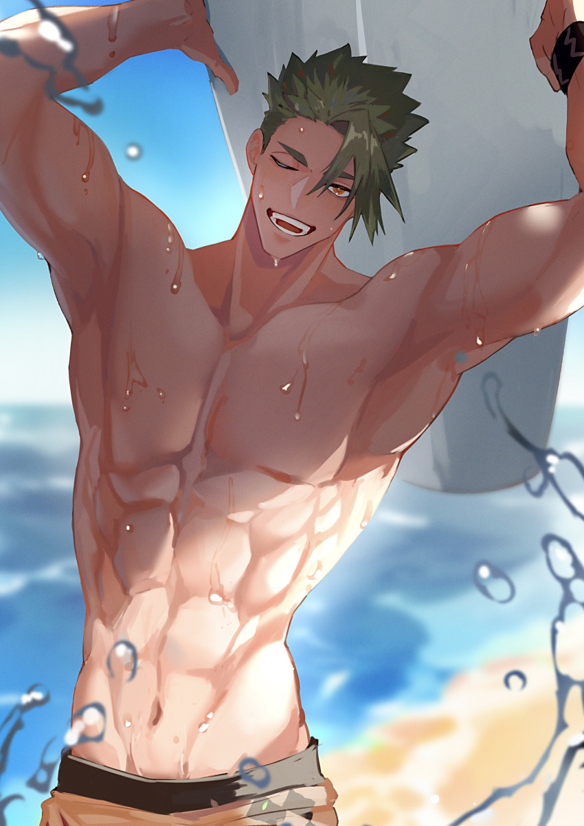 1boy abs absurdres achilles_(fate) achilles_(fearless_diver)_(fate) arms_up beach collarbone fate/grand_order fate_(series) green_hair haruakira head_tilt highres holding holding_surfboard large_pectorals male_focus male_swimwear muscular muscular_male navel one_eye_closed open_mouth orange_eyes orange_male_swimwear pectorals shore short_hair solo surfboard swim_trunks teeth topless_male undercut water_drop wet