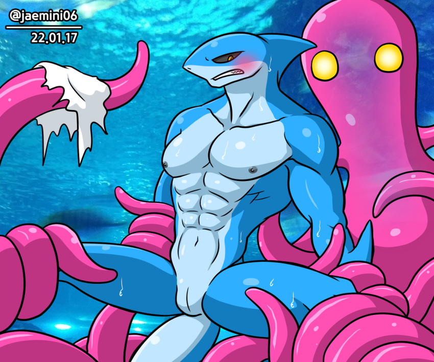 abs alkan anthro big_pecs black_eyes blue_body bodily_fluids fish kashiver male marine multicolored_body muscular muscular_anthro muscular_male navel nipples nude pecs shark slit solo sweat tentacles tentacles_on_male two_tone_body yellow_eyes