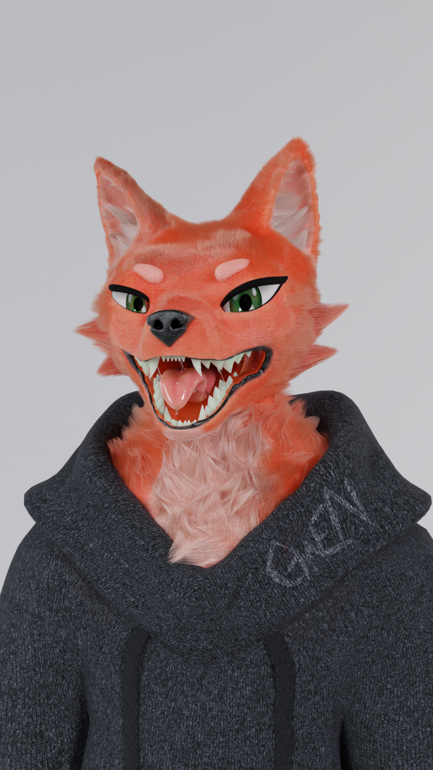 anime_eyes anthro blender_(software) blender_cycles bodily_fluids canid canine chest_fur chest_tuft clothing drawstring fox fur glistening glistening_body glistening_fur green_eyes gwen_the_hyena hi_res hoodie inner_ear_fluff male mammal mouth_shot multicolored_body multicolored_fur open_mouth red_body red_fur saliva saliva_string solo teeth teeth_showing tongue topwear tuft two_tone_body two_tone_fur