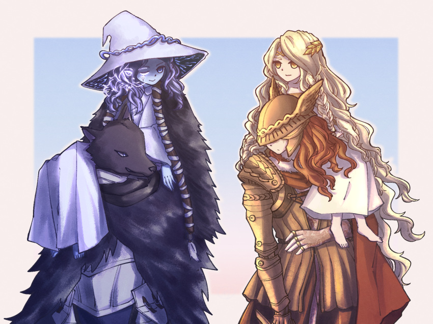 2boys 2girls armor barefoot black_fur blaidd_the_half-wolf blonde_hair blue_background blue_eyes blue_hair blue_skin border braid circlet closed_mouth colored_skin dot_mouth dot_nose elden_ring extra_faces furry gradient_background hat helmet highres long_hair malenia_blade_of_miquella medium_hair miqueliafantasia miquella_(elden_ring) multiple_boys multiple_girls one_eye_closed prosthesis prosthetic_arm ranni_the_witch red_hair side_braid smile snout standing teeth visor_(armor) white_border winged_helmet witch_hat yellow_eyes