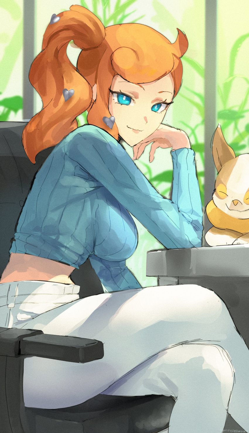 1girl absurdres aqua_eyes armchair blue_sweater breasts chair closed_mouth crossed_legs hair_ornament heart heart_hair_ornament highres indoors large_breasts long_hair long_sleeves looking_at_viewer midriff on_chair orange_hair pants pokemon pokemon_(creature) pokemon_(game) pokemon_swsh ribbed_sweater side_ponytail smile sonia_(pokemon) sweater table tommy_(kingdukeee) white_pants yamper
