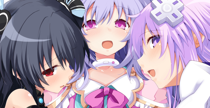 3girls bare_shoulders braid choker dress hair_between_eyes happy highres iwashi_dorobou_-r- kami_jigen_game_neptune_v light_purple_hair long_hair looking_at_viewer multiple_girls nepgear neptune_(neptune_series) neptune_(series) open_mouth pink_eyes purple_eyes purple_hair pururut smile upper_body white_choker