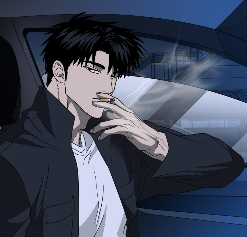 0lkyou 1boy black_hair black_jacket car car_interior cigarette highres holding holding_cigarette jacket moon_shingun motor_vehicle open_clothes open_jacket open_window shirt short_hair shutline smoking solo white_shirt window