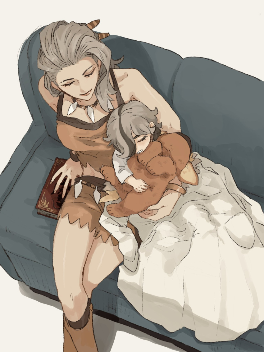 1boy 1girl aged_down arven_(pokemon) bangle book boots borrowed_clothes bracelet brown_hair closed_eyes coat couch crop_top drooling feet_out_of_frame grey_hair hair_over_one_eye hair_slicked_back highres holding holding_stuffed_toy hug jewelry lab_coat leaning_on_person lips long_hair long_sleeves male_child midriff mother_and_son mouth_drool necklace on_couch orange_footwear orange_lips orange_nails orange_shirt orange_shorts pokemon pokemon_(game) pokemon_sv ramuniku_ooo sada_(pokemon) shirt shorts simple_background sitting sleeping sleeveless sleeveless_shirt smile stuffed_animal stuffed_dog stuffed_toy tooth_necklace under_covers white_background white_coat white_shirt