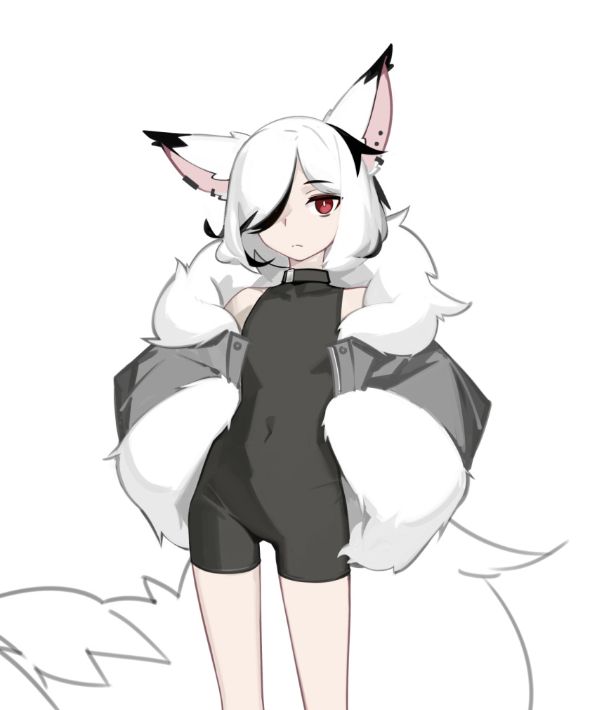 1girl animal_ears bare_shoulders black_bodysuit black_jacket bodysuit covered_navel deel_(rkeg) ear_piercing flat_chest fox_ears fox_girl fox_tail fur-trimmed_jacket fur-trimmed_sleeves fur_trim hair_over_one_eye highres jacket looking_at_viewer multicolored_hair original piercing red_eyes short_hair simple_background sketch sleeveless sleeveless_bodysuit solo streaked_hair tail two-tone_hair unfinished white_background