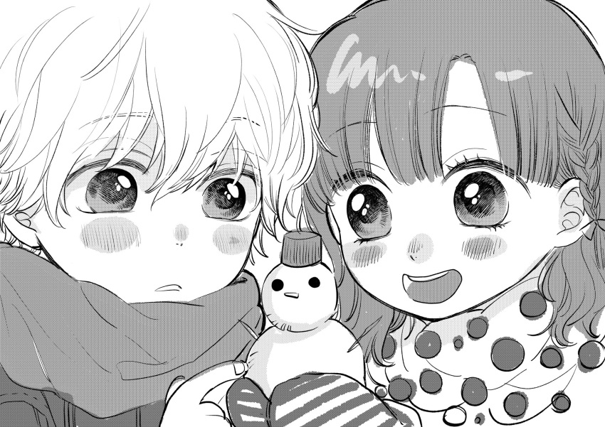 1boy 1girl aged_down blunt_bangs blush blush_stickers braid commentary commission diagonal_stripes female_child fingernails greyscale hair_behind_ear hair_between_eyes hair_ornament hatta_ayuko highres holding_snowman jacket long_sleeves looking_at_object male_child medium_hair mittens monochrome nose_blush ookami_shoujo_to_kuro_ouji open_mouth parted_hair parted_lips polka_dot sata_kyouya scarf shinohara_erika short_hair simple_background single_braid sketch smile snowman striped tareme teeth upper_body upper_teeth_only