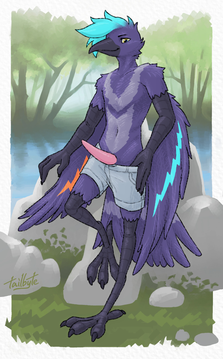 absurd_res anthro avian avian_penis beak beak_piercing bird blue_body blue_hair bottomwear cade_harrow claws clothed clothing corvid corvus_(genus) crow dark_body dark_skin digital_media_(artwork) exhibitionism facial_piercing feather_markings feathered_wings feathers feet forest forest_background furgonomics furry-specific_piercing genitals grass hair hi_res male markings multicolored_body multicolored_feathers nature nature_background nude oscine outside partially_clothed passerine penis piercing plant pulling_pants_down river rock shorts slim smile solo tail tailbyte talons tapering_penis tree tuft underwear underwear_down water wings yellow_eyes