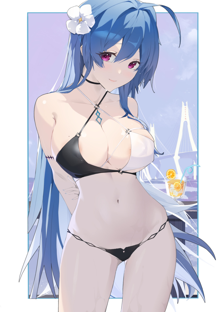 1girl absurdres arms_behind_back azur_lane bikini blue_hair blue_nails blush breasts bridge cleavage cocktail_glass cowboy_shot cup drinking_glass drinking_straw flower groin hair_between_eyes hair_flower hair_ornament helena_(azur_lane) helena_(shimmering_triangle_wave)_(azur_lane) highres holding_own_arm jiuxiaocan_yin large_breasts leaning_to_the_side legs_apart long_hair looking_at_viewer looking_down medium_breasts nail_polish navel outdoors purple_eyes skin_tight smile solo swimsuit two-tone_bikini very_long_hair white_flower