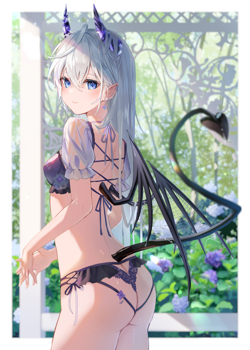 1girl absurdres ass back bat_wings black_bra black_panties blue_eyes blush bra branch breasts closed_mouth demon_girl demon_tail flower from_behind hair_between_eyes highres horns interlocked_fingers lace lace-trimmed_bra lace_panties lace_trim long_hair looking_at_viewer looking_back low_wings omelet_tomato original outdoors own_hands_together panties pointy_ears puffy_short_sleeves puffy_sleeves short_sleeves side-tie_panties smile solo tail thong tree underwear underwear_only white_hair wings
