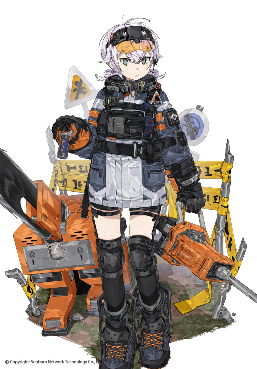 1girl black_footwear black_gloves caution_tape closed_mouth dirty dirty_clothes gloves goggles goggles_on_head green_eyes grey_hair hair_between_eyes highres holding ierotak knee_pads long_sleeves looking_at_viewer original sign solo standing white_background