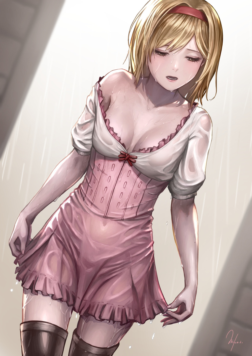 1girl absurdres blonde_hair breasts breasts_apart brown_eyes brown_thighhighs collarbone commentary_request covered_navel djeeta_(granblue_fantasy) dress dutch_angle granblue_fantasy hairband half-closed_eyes highres medium_breasts murasaki-sin off_shoulder open_mouth pink_dress pink_hairband rain short_dress short_hair short_sleeves signature skirt_hold solo thighhighs wet wet_clothes