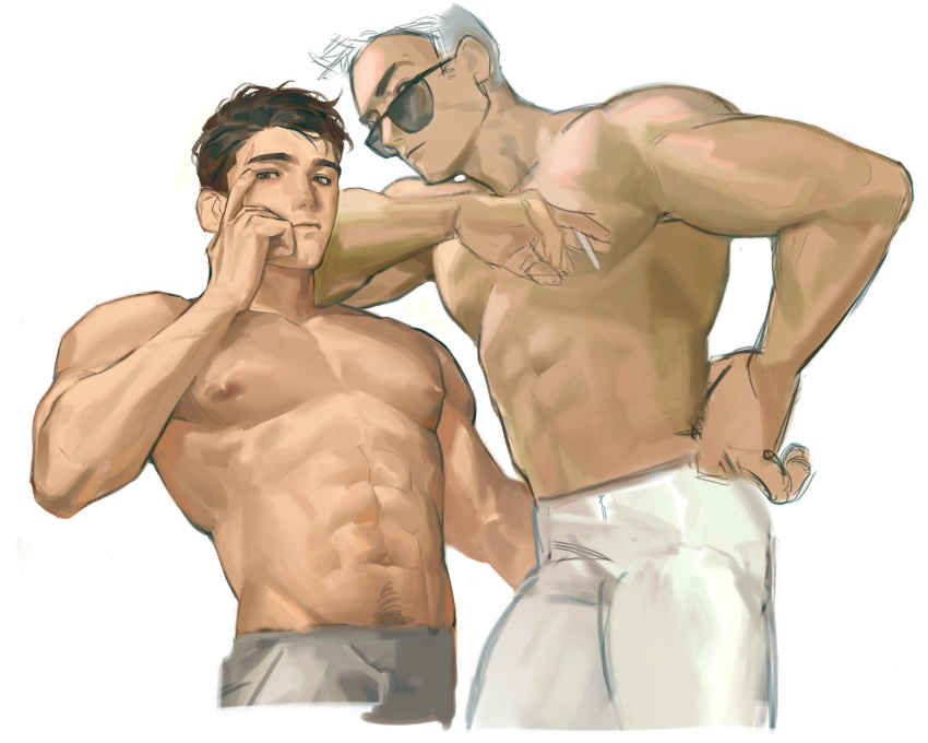 2boys abs arm_on_shoulder bara code2_ip cropped_legs facial_hair from_below hand_on_own_face highres looking_at_viewer male_focus mature_male multiple_boys muscular muscular_male navel navel_hair nipples original pants scar scar_on_face scar_on_forehead short_hair stomach stubble sunglasses thick_eyebrows topless_male unfinished v-taper white_hair