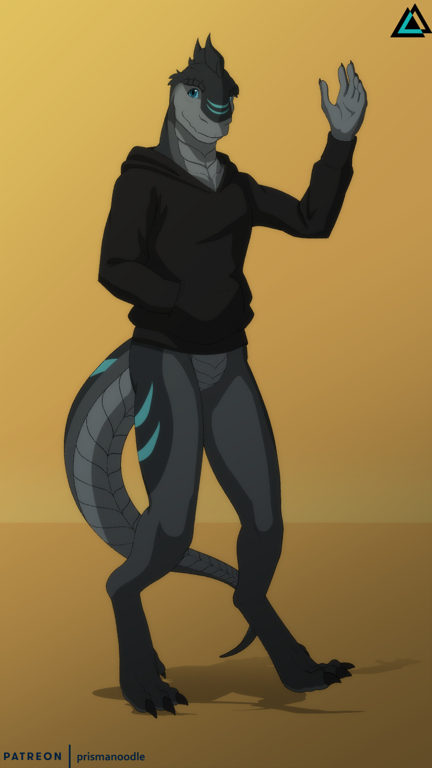 absurd_res anthro blue_markings bottomless claws clothed clothing countershading hi_res hoodie hoodie_only lizard looking_at_viewer male markings multicolored_body partially_clothed prismanoodle_(artist) quake reptile scalie simple_background smile solo sorg_(species) tail toe_claws topwear topwear_only two_tone_body wave