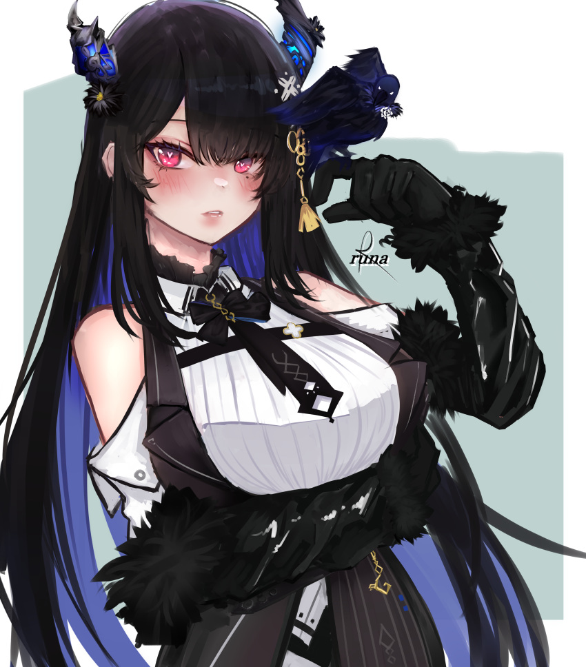 1girl absurdres asymmetrical_horns bare_shoulders bird black_dress black_hair blue_brooch blue_hair blush breasts collared_shirt colored_inner_hair crow crystal_horn demon_horns dress fur_trim hair_ornament heart heart-shaped_pupils highres hololive hololive_english horns large_breasts long_hair looking_at_viewer metal_wings mole mole_under_eye multicolored_hair nerissa_ravencroft red_eyes runa_(runasi) shadow_(nerissa_ravencroft) shirt solo symbol-shaped_pupils two-tone_hair virtual_youtuber white_shirt