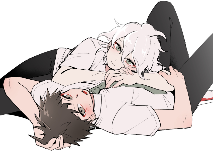 2boys ahoge annoyed black_pants blush brown_hair closed_mouth danganronpa_(series) danganronpa_2:_goodbye_despair feet_out_of_frame green_eyes green_necktie grey_eyes hair_between_eyes hand_on_another's_arm hand_on_hand head_on_another's_stomach hinata_hajime knees_up komaeda_nagito looking_at_viewer lying lying_on_person male_focus multiple_boys necktie pants seumol_sx shirt short_hair short_sleeves simple_background smile spiked_hair split_mouth white_background white_hair white_shirt yaoi