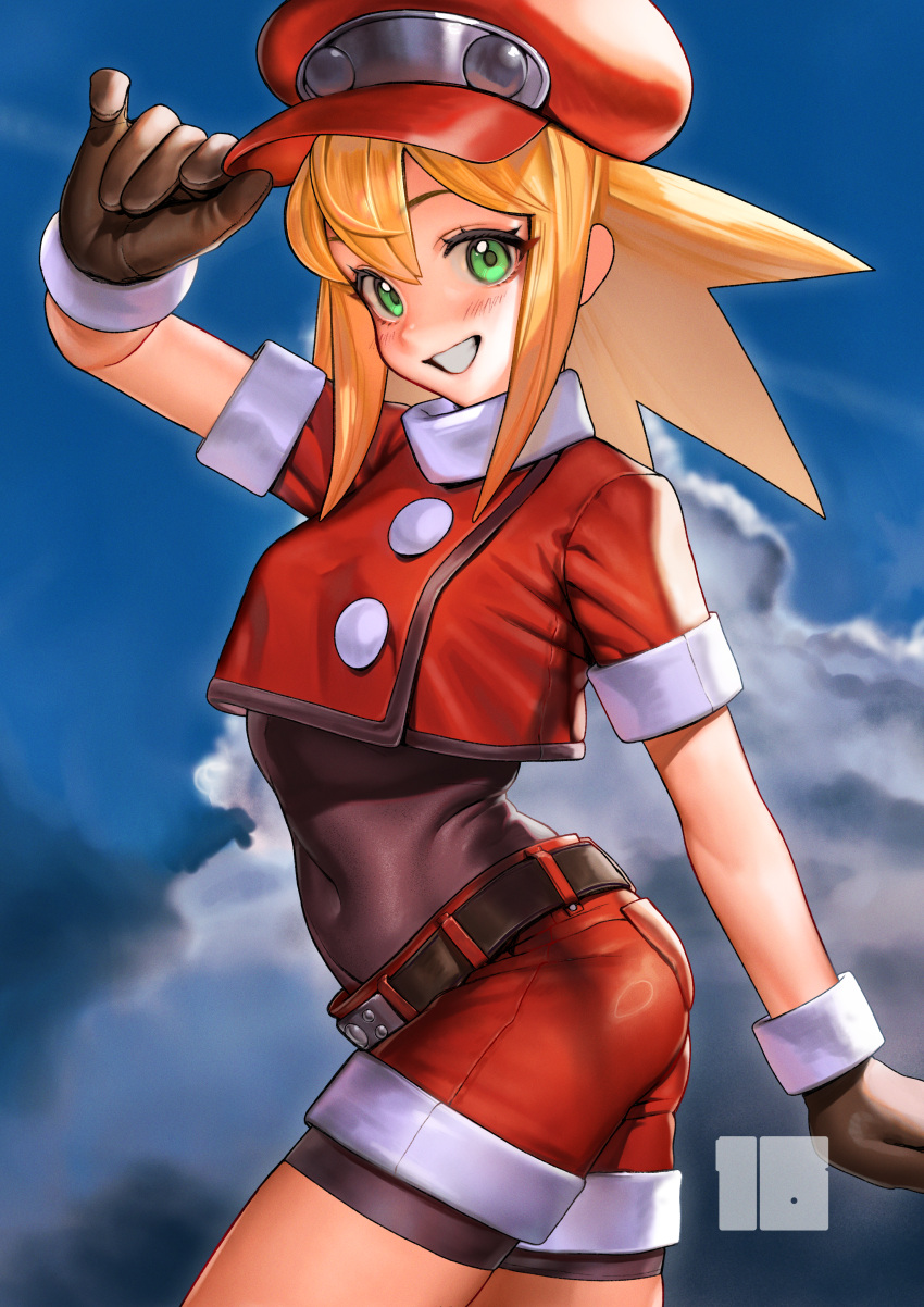 1girl absurdres bike_shorts bike_shorts_under_shorts blonde_hair blush brown_gloves cabbie_hat covered_navel cropped_jacket gloves green_eyes hat highres holding jacket mega_man_(series) mega_man_legends nanja red_headwear red_jacket red_shorts roll_caskett_(mega_man) shorts smile solo spandex