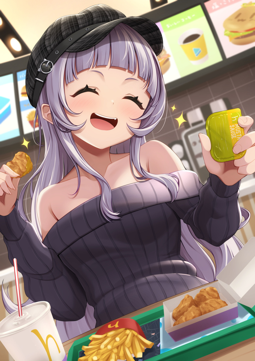 1girl absurdres alternate_costume bare_shoulders black_headwear black_sweater blunt_bangs blurry blurry_background blush breasts casual chicken_nuggets closed_eyes collarbone commentary cup drinking_straw dutch_angle facing_viewer fang fast_food food french_fries grey_hair hat highres holding holding_food hololive indoors kaigan long_hair long_sleeves menu murasaki_shion mustard no_eyewear off-shoulder_sweater off_shoulder open_mouth plaid_headwear restaurant ribbed_sweater sauce sidelocks small_breasts smile solo sparkle sweater teeth tile_wall tiles tray upper_body upper_teeth_only virtual_youtuber