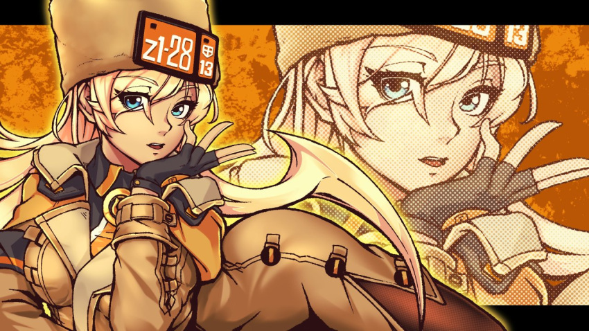 1girl absurdly_long_hair black_gloves blonde_hair blue_eyes breasts brown_coat coat fingerless_gloves fur_hat gloves guilty_gear guilty_gear_strive hat large_breasts long_hair long_sleeves looking_at_viewer millia_rage mori_no_yousei very_long_hair yellow_headwear