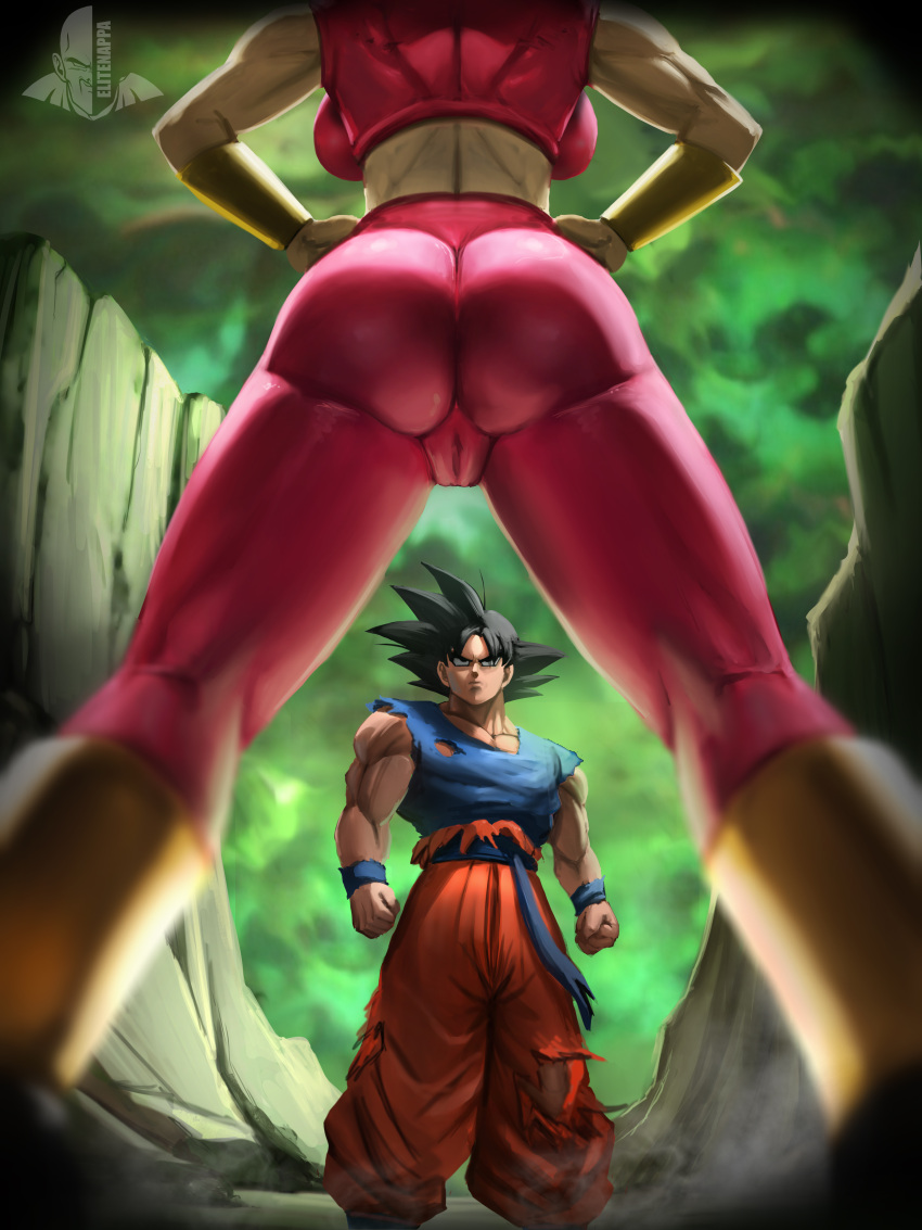 1boy 1girl absurdres ass black_hair blue_sash blue_shirt blurry blurry_foreground breasts cameltoe closed_mouth crop_top dragon_ball dragon_ball_super elite_nappa english_commentary from_behind from_below green_sky hand_on_own_hip highres kefla_(dragon_ball) leggings orange_pants pants red_leggings rock sash serious shirt skin_tight son_goku spiked_hair standing torn_clothes