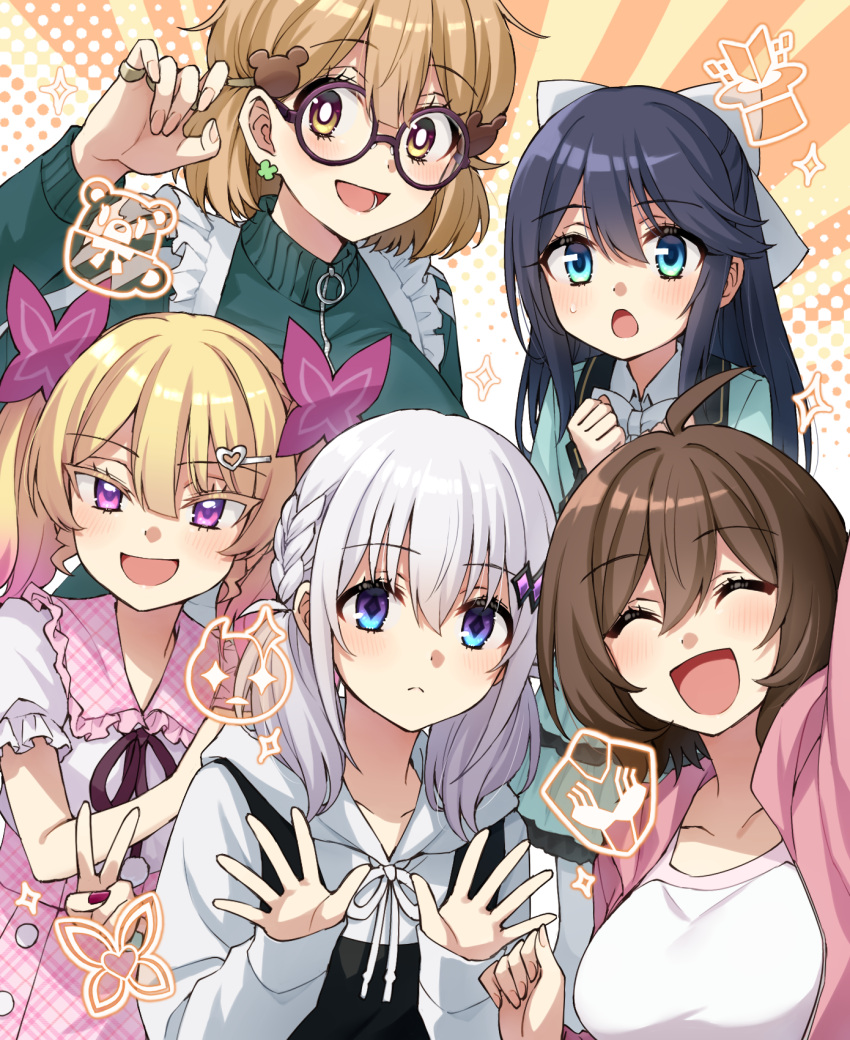 5girls :d ^_^ aida_elulu apron arm_up bear_hair_ornament black_apron black_hair blazer blonde_hair blue_eyes blue_jacket blush bow breasts brown-framed_eyewear brown_eyes brown_hair brown_ribbon butterfly_hair_ornament character_request closed_eyes collared_shirt colored_eyelashes commentary_request frilled_shirt_collar frills glasses green_jacket grey_hair hair_bow hair_ornament hairclip halftone halftone_background highres hood hood_down hooded_jacket hoodie houkago_sai_tensei! jacket kurami_utaho large_breasts melua_solaris multiple_girls neck_ribbon original pink_jacket pink_skirt plaid plaid_skirt purple_eyes ribbon round_eyewear school_uniform seto_nico_(houkago_sai_tensei!) shirt skirt smile somechime_(sometime1209) sunburst sunburst_background track_jacket twintails white_apron white_bow white_hoodie white_shirt