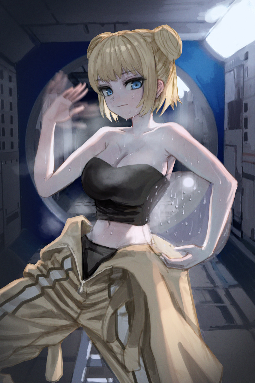 1girl absurdres astronaut bare_arms bare_shoulders blonde_hair blue_eyes breasts cleavage closed_mouth double_bun failose fanning_self hair_bun hallway helmet highres hololive hololive_english hot indoors large_breasts looking_at_viewer midriff navel official_alternate_costume partially_undressed partially_unzipped sidelocks space_helmet spacecraft spread_legs standing steam steaming_body sweat underwear unworn_headwear unworn_helmet very_sweaty virtual_youtuber watson_amelia watson_amelia_(astronaut) wet