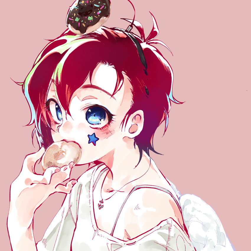 1girl absurdres antenna_hair blue_eyes blush collarbone doughnut eating food highres idolmaster idolmaster_million_live! julia_(idolmaster) nitta_hiroto pink_background red_hair short_hair simple_background single_bare_shoulder solo star_sticker sticker_on_face upper_body