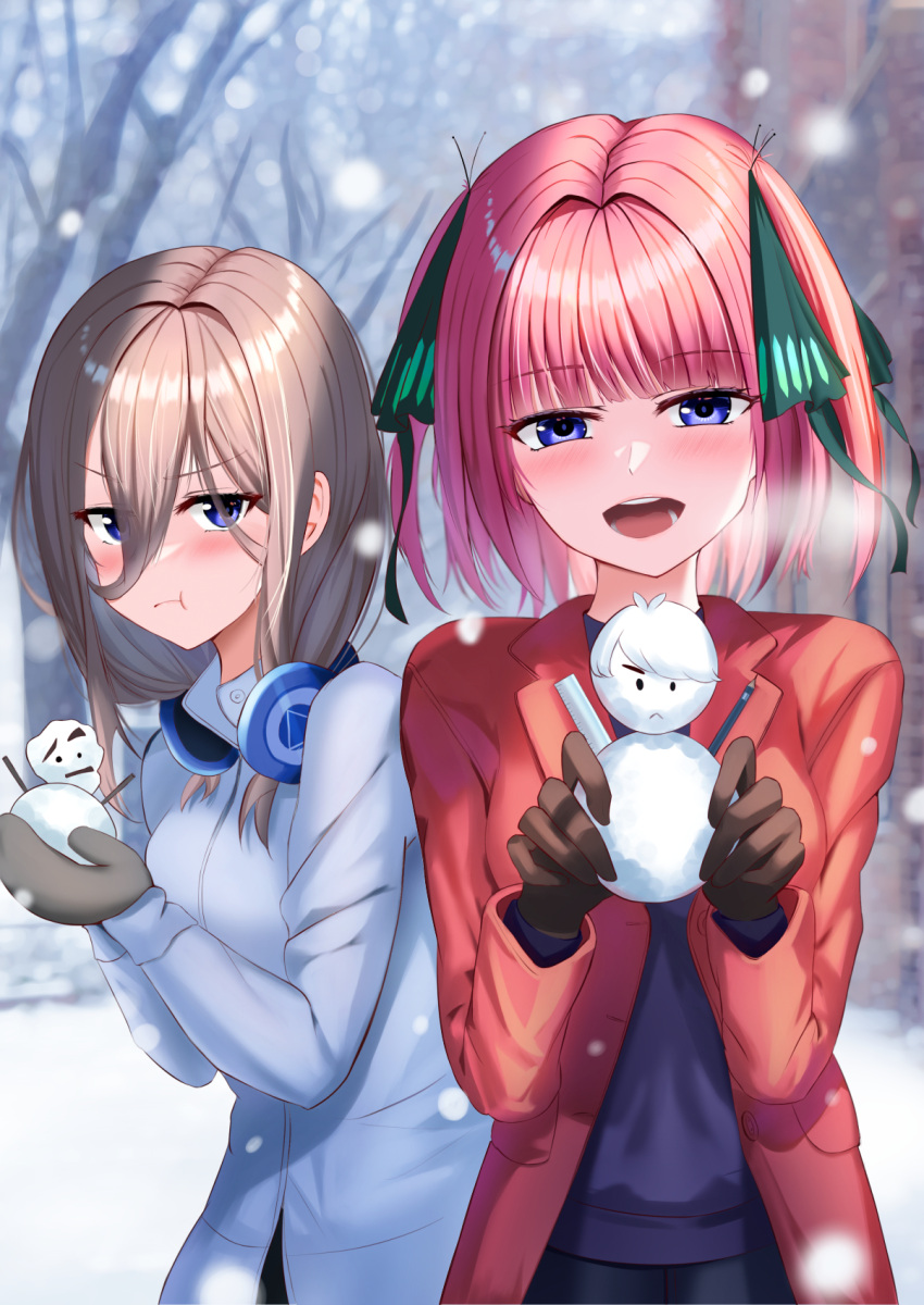 2girls :t black_ribbon blue_coat blue_eyes blunt_bangs blush brown_gloves brown_hair butterfly_hair_ornament character_snowman closed_mouth coat commentary_request cowboy_shot eyelashes eyes_visible_through_hair gloves go-toubun_no_hanayome hair_between_eyes hair_ornament hair_ribbon hands_up happy headphones headphones_around_neck highres holding_snowman jitome kukeylove long_hair looking_at_viewer medium_hair mittens multiple_girls nakano_miku nakano_nino open_mouth outdoors pout red_coat red_hair ribbon siblings sisters smile snowing snowman standing straight-on teeth uesugi_fuutarou upper_teeth_only v-shaped_eyebrows visible_air winter