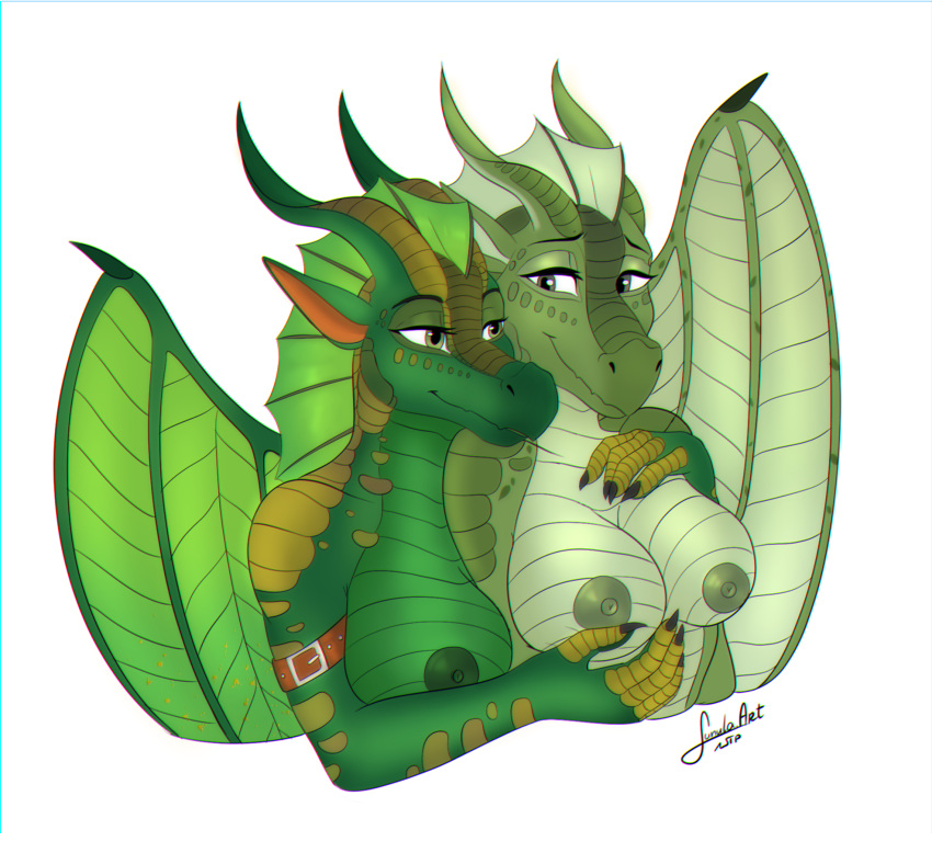 anthro big_breasts breasts canon_couple dragon duo eye_contact female female/female hi_res leafwing_(wof) looking_at_another lunula_(artist) nipples non-mammal_breasts non-mammal_nipples nude romantic romantic_couple sundew_(wof) tasteful_nudity wholesome willow_(wof) wings_of_fire