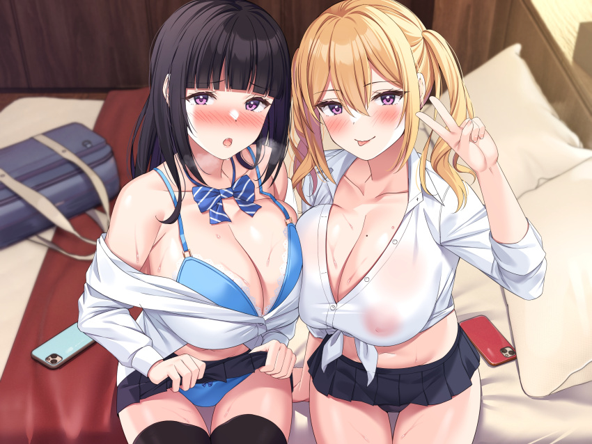 2girls :o bag black_hair black_panties black_skirt black_thighhighs blonde_hair blue_bra blue_panties blunt_bangs blush bra breasts cellphone cleavage clothes_lift collarbone collared_shirt hair_between_eyes highres hime_cut indoors licking_lips long_sleeves miniskirt multiple_girls navel nipples no_bra non-web_source on_bed open_clothes open_mouth open_shirt original panties phone pillow pleated_skirt purple_eyes school_bag school_uniform see-through see-through_shirt shirt sitting skirt skirt_lift smartphone super_nagoyaka thighhighs tied_shirt tongue tongue_out twintails underwear v white_shirt