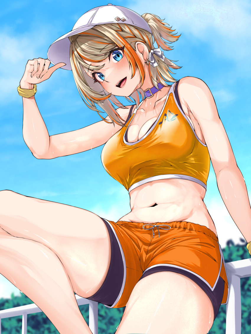 1girl absurdres alternate_costume baseball_cap belt belt_collar bike_shorts bike_shorts_under_shorts black_shorts blue_eyes blue_sky blush bow braid breasts cleavage cloud collar commentary_request commission day endo_yohane feet_out_of_frame hair_bow hat high_ponytail highres light_brown_hair looking_at_viewer medium_bangs medium_breasts midriff multicolored_hair nanashi_inc. navel open_mouth orange_hair orange_shorts orange_sports_bra purple_belt second-party_source short_hair short_ponytail shorts skeb_commission sky smile solo sports_bra touri_sei two-tone_hair virtual_youtuber white_bow white_headwear wristband