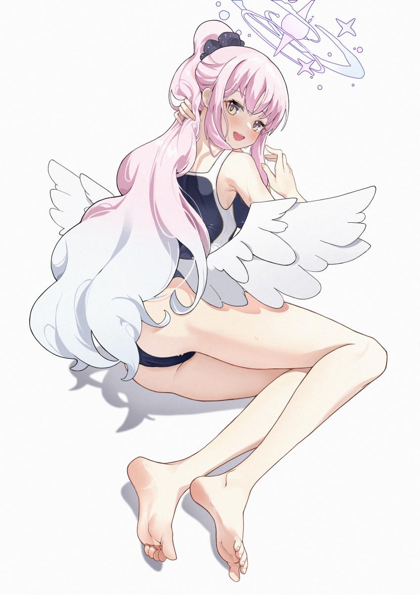 1girl absurdres adjusting_hair alternate_costume alternate_hairstyle ass bare_shoulders barefoot blue_archive blue_one-piece_swimsuit blush commentary_request cyan_yu feathered_wings feet gradient_hair hair_ornament hair_scrunchie halo highres long_hair looking_at_viewer looking_back low_wings lying mika_(blue_archive) multicolored_hair on_side one-piece_swimsuit open_mouth pink_hair ponytail scrunchie simple_background smile soles solo sweat swimsuit thighs toenails toes white_background white_hair white_wings wings yellow_eyes
