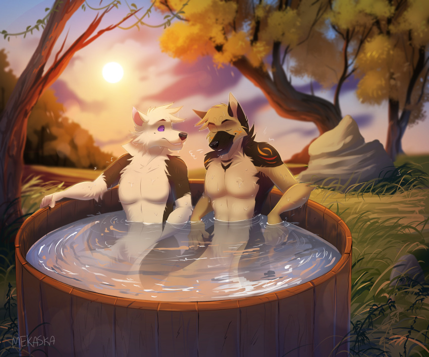 absurd_res anthro asher_(gshep) canid canine canis decker_(deckershepherd) detailed_background digital_media_(artwork) digital_painting_(artwork) domestic_dog duo eyes_closed german_shepherd herding_dog hi_res hot_tub male mammal mekaska nature nature_background outside pastoral_dog plantigrade relaxed_expression wilderness