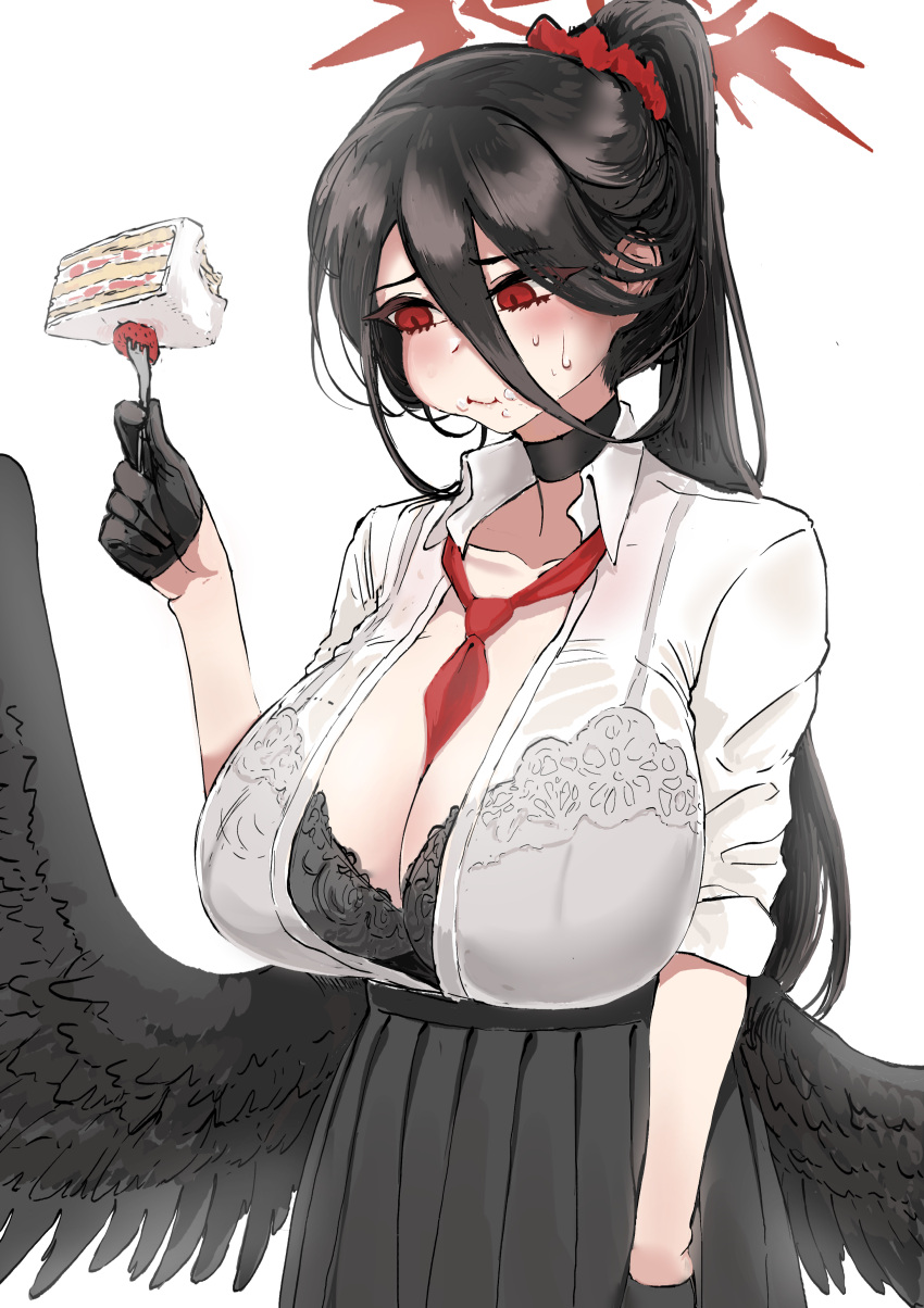 1girl absurdres alternate_costume between_breasts black_bra black_choker black_gloves black_hair black_skirt black_wings blue_archive blush bra bra_visible_through_clothes breasts cake cake_slice cheek_bulge choker cleavage eating feathered_wings food fork gloves hair_between_eyes hair_ornament hair_scrunchie halo hasumi_(blue_archive) highres holding holding_fork huge_breasts lace-trimmed_bra lace_trim looking_down loose_necktie necktie necktie_between_breasts pleated_skirt ponytail red_eyes school_uniform scrunchie shirt shirt_tucked_in simple_background skirt solo sweatdrop underwear ushimochi white_background white_shirt wings