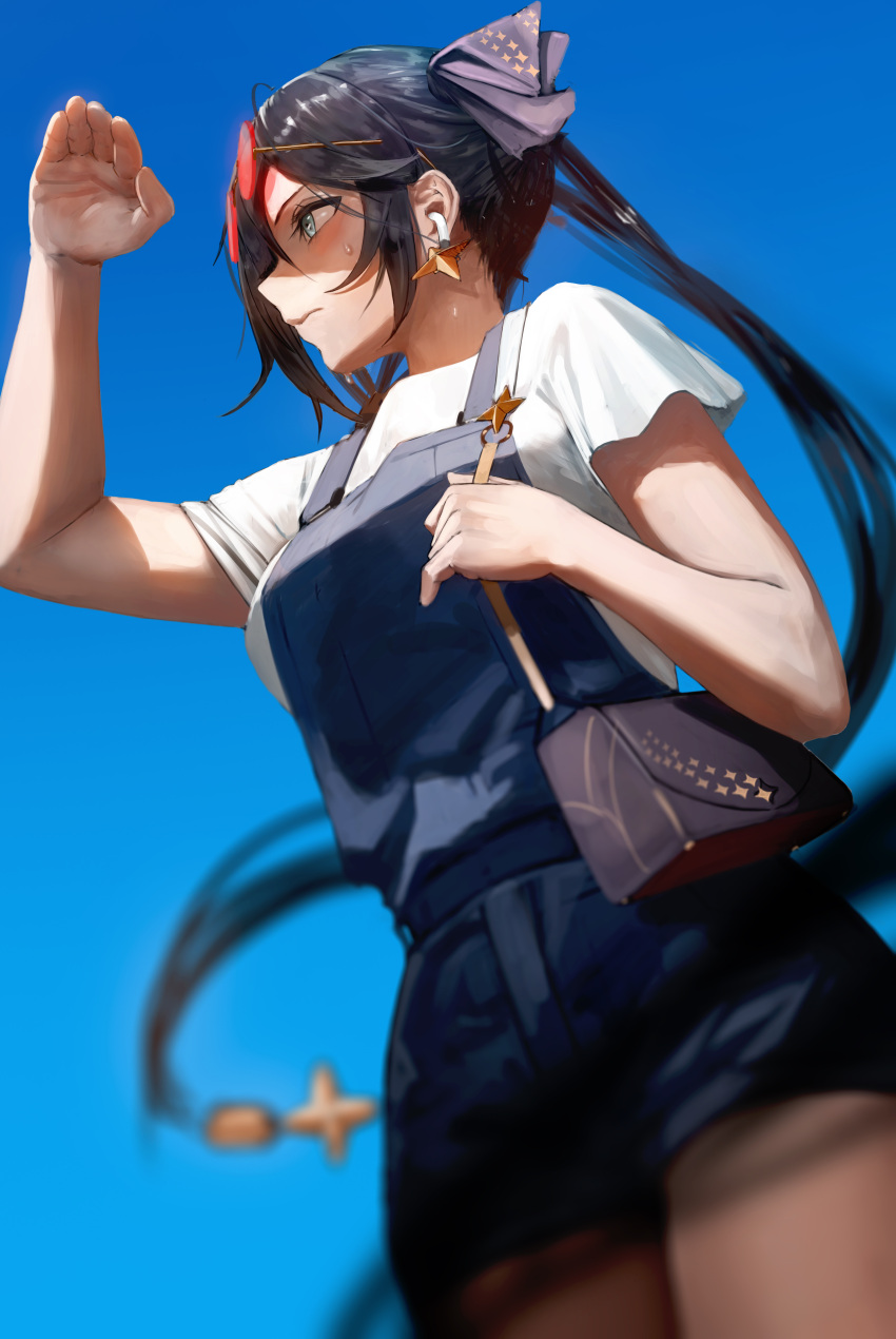 absurdres airpods alternate_costume arm_up bag black_hair blue_overalls blue_sky blurry breasts closed_mouth depth_of_field earrings eyewear_on_head facing_to_the_side floating_hair from_below from_side ganet_p genshin_impact green_eyes handbag highres jewelry long_hair looking_ahead mona_(genshin_impact) overalls shirt sky sunglasses sweat twintails very_long_hair white_shirt wireless_earphones