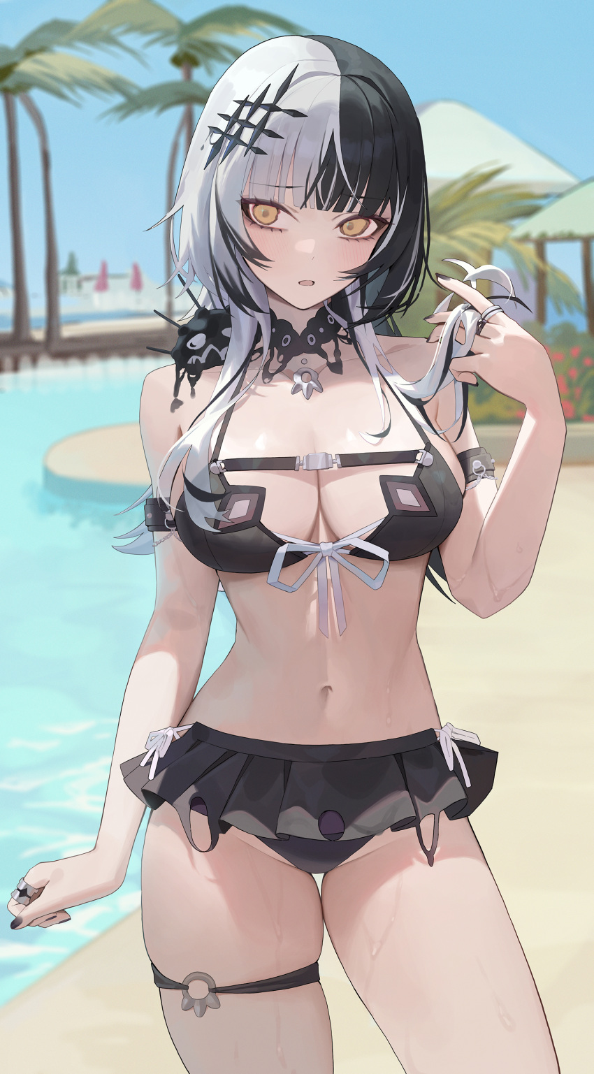 1girl absurdres arm_strap bare_shoulders bikini black_bikini black_choker black_hair black_nails breasts choker cleavage collarbone hair_ornament highres hololive hololive_english lace lace_choker large_breasts long_hair looking_at_viewer lser116 multicolored_hair navel open_mouth outdoors shiori_novella smile solo split-color_hair swimsuit thighs two-tone_hair virtual_youtuber white_hair yellow_eyes yorick_(shiori_novella)