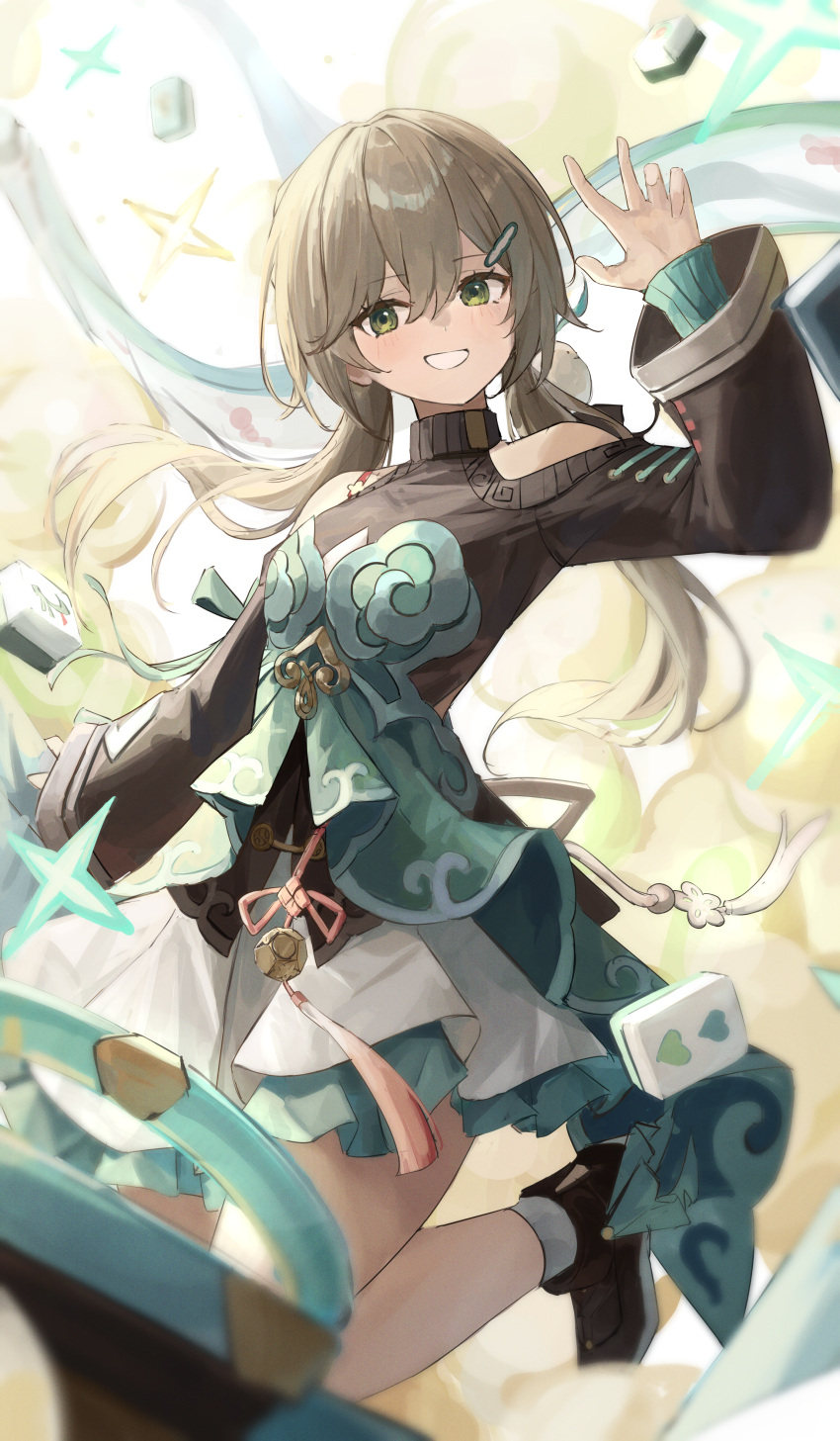 1girl absurdres arm_up black_footwear black_shirt clothing_cutout commentary_request dress foot_out_of_frame green_dress green_eyes grey_eyes grin hair_between_eyes hair_ornament hairclip highres honkai:_star_rail honkai_(series) long_hair long_sleeves looking_at_viewer mahjong mahjong_tile qingque_(honkai:_star_rail) shiro_wa_(shiroshironix) shirt shoulder_cutout skirt smile solo tassel turtleneck white_skirt